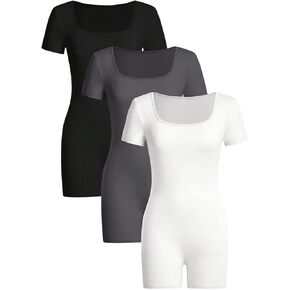 WDIRARA Women's 3 Pack Square Neck Short Sleeve Skinny Romper Unitards Tummy Control Jumpsuit