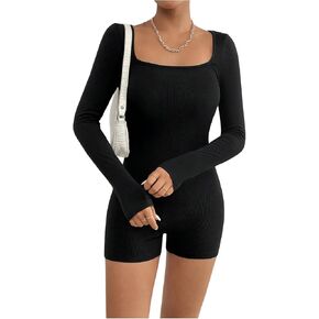 شورت نسائي ضيق بأكمام طويلة للتمرين من قطعة واحدة، شورت يوجا مضلع برقبة مربعة Unitard