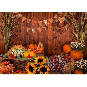OUYIDA 5X7FT Fall Thanksgiving Wooden Floor Barn Autumn Pumpkins Maple Leaves Sunflower Baby Portrait Party Halloween Decoration Vinyl Photography Backdrop Photo Booth Background Studio Prop TP295