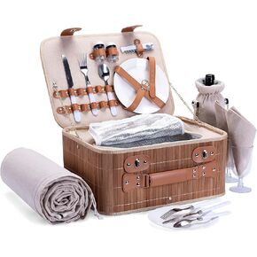 19Pcs Insulated Wicker Picnic Basket for 2 with Picnic Blanket Wine Bag, Picnic Set with Cooler and Full Tableware for Camping,Outdoor,Couples,Gift, Distressed Treatment, Polka Dots