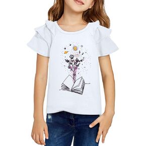 قمصان الفتيات العودة إلى المدرسة ملابس الصيف كشكش كم كتاب الأزهار طباعة Crewneck بلوزة بلايز 6-15 سنة in Kuwait