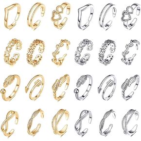 24Pcs Open Toe Rings Set for Women Adjustable Toe Band Knuckle Ring Arrow Knot Star Moon Finger Tail Foot Rings Summer Beach Foot Jewelry