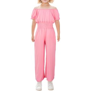 JiAmy Girls Jumpsuit Kids Casual Puffy Sleeve Romper Wide Leg Loose Rompers with Pockets 5-12 Years