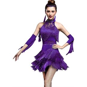 Women Rhinestone Tassel Flapper Latin Rumba Dance Performance Dress Party Dress 4 Pieces Outfit Purple