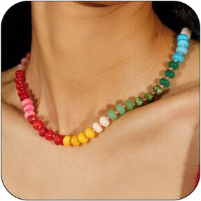 Gemstone Beaded Necklace for Women Colorful Natural Stone Freshwater Pearl Surfer Beach Rainbow Necklace Jewelry Gift