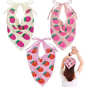 hoyuwak 3Pcs Crochet Bandanas Headbands Hairbands Head Hair Scarf for Women Girls Knitted Floral Strawberry Mushroom Hair Accessories for Hair Styling Decor(White, Black, Pink)