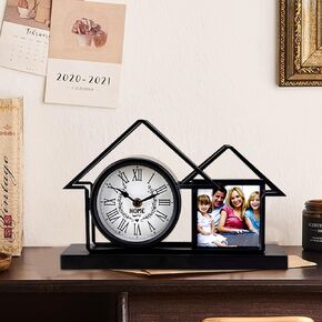 Table Clock on Stand,Decorative Desk and Shelf Clock with Photo Frame,Rustic Mantel Clock Battery Operated Silent Non-ticking,Metal Vintage Clock for Bedroom Living Room Home Decor,12.6"x3.15"x8.3"