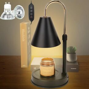Candle Warmer lamp with Timer，Dimmable Wax melt Warmer with 2 Bulbs for Jar Candles，Height Adjustable Electric Wax Melter for Office Desk Iron Black Gold Elegant Modern Style
