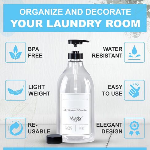 موزع مبيض لغرفة الغسيل من The Farmhouse Room Inc. - موزع زجاجة بمضخة للمبيض السائل - خالٍ من مادة BPA وموزع صابون بلاستيك PET سعة 1/2 جالون - زجاجة مبيض مقاومة للماء سعة 64 أونصة in Kuwait