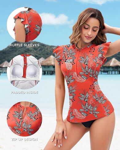 WOWENY Womens Padded Rash Guard Short Sleeve Swim Shirts 1/4 Zip UPF 50 Sun Protection Swimsuit Tankini Bathing Suit Top in Saudi Arabia