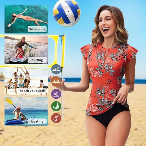 WOWENY Womens Padded Rash Guard Short Sleeve Swim Shirts 1/4 Zip UPF 50 Sun Protection Swimsuit Tankini Bathing Suit Top in Saudi Arabia