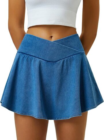 Womens Crossover Pleated Tennis Flowy Skirt Knit Denim 2 in 1 Spandex Athletic Butterfly Workout Skorts with Pocket in Saudi Arabia