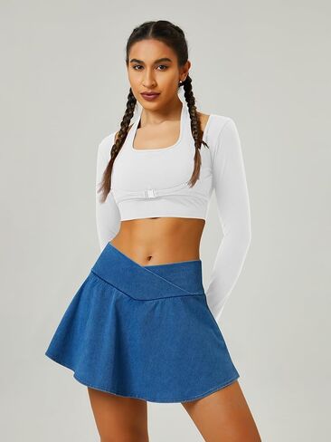 Womens Crossover Pleated Tennis Flowy Skirt Knit Denim 2 in 1 Spandex Athletic Butterfly Workout Skorts with Pocket in Saudi Arabia