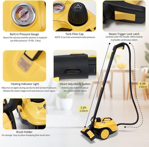 منظف ​​بخار سبورجوم، جهاز بخار مطهر مضغوط خالٍ من المواد الكيميائية للتنظيف، خزان سعة 1.8 لتر، ممسحة بخار 1800 وات مع 27 ملحقًا لتنظيف الأرضيات والسجاد وتنجيد السيارات والنوافذ (بدون مقياس الضغط) in Kuwait