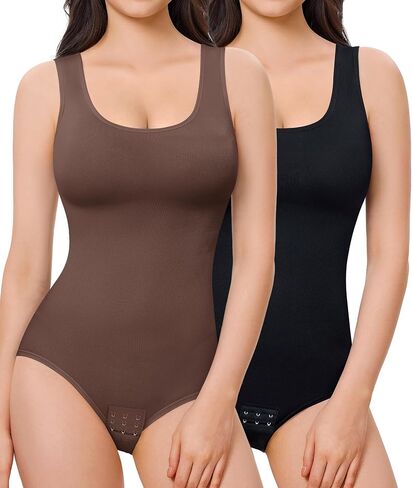 Nebility Women's 2 Piece Bodysuit Shapewear Tummy Control Seamless Round Neck Body Shaper Tank Top BodySuit in Saudi Arabia