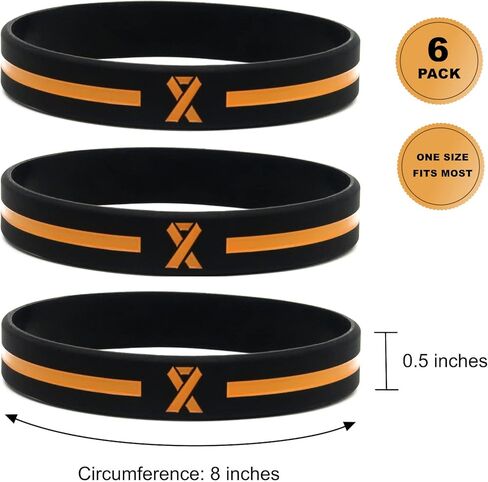 Orange Awareness Ribbon Wristbands (6-pack) - For Kidney Cancer Awareness, Skin Cancer, COPD, ADHD Awareness, Leukemia, Lupus, Racial Tolerance - Silicone Rubber Bracelets for Men Women in Kuwait