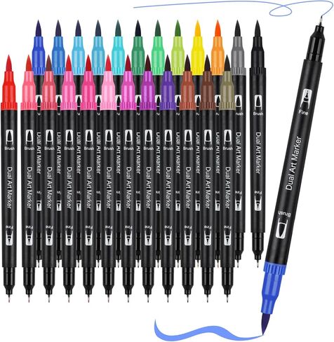 أقلام رسم مزدوجة الفرشاة من EooUooIP، 24 لونًا لكل قطعة - أقلام ملونة ذات رؤوس دقيقة للمشروعات الفنية - مثالية للفنانين والطلاب والأعمال اليدوية in Kuwait