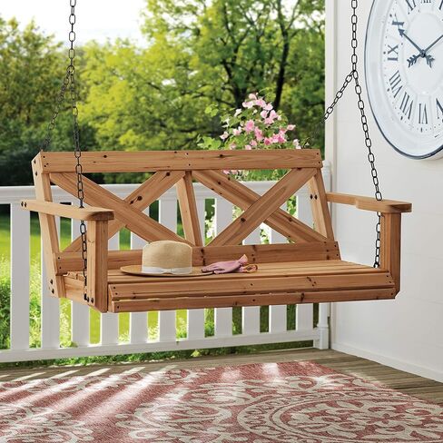 Backyard Discovery Durable Cedar Farmhouse Outdoor Porch Swing with Chain, Water Resistant, Porch, Patio, Two Person Seating, 600 Lb Weight Capacity, with 4.6 ft. Seat Width in Kuwait