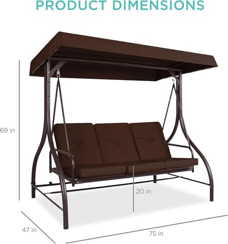 Best Choice Products 3-Seat Outdoor Large Converting Canopy Swing Glider, Patio Hammock Lounge Chair for Porch, Backyard w/Flatbed, Adjustable Shade, Removable Cushions - Black in Saudi Arabia