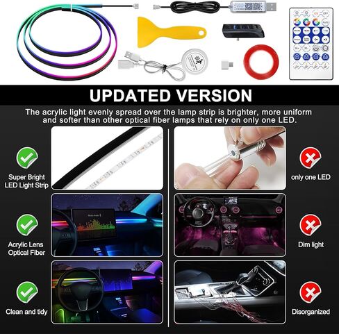 شريط إضاءة LED داخلي للسيارة من الأكريليك من Tesla موديل 3/Y/S/X Dreamcolor، مجموعة إضاءة محيطة من الألياف الضوئية 55.1 بوصة من Tesla، 16 مليون لون صوت نشط، شريط LED نيون للسيارة in Kuwait