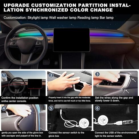 شريط إضاءة LED داخلي للسيارة من الأكريليك من Tesla موديل 3/Y/S/X Dreamcolor، مجموعة إضاءة محيطة من الألياف الضوئية 55.1 بوصة من Tesla، 16 مليون لون صوت نشط، شريط LED نيون للسيارة in Kuwait