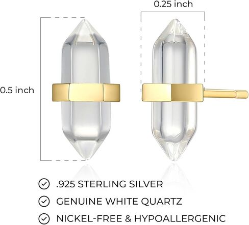 MORGAN & PAIGE Healing Crystal Quartz Stud Earrings for Women - 18K Yellow Gold Plated Sterling Silver Chakra Point for Teens, Hexagonal Points Stone in Kuwait