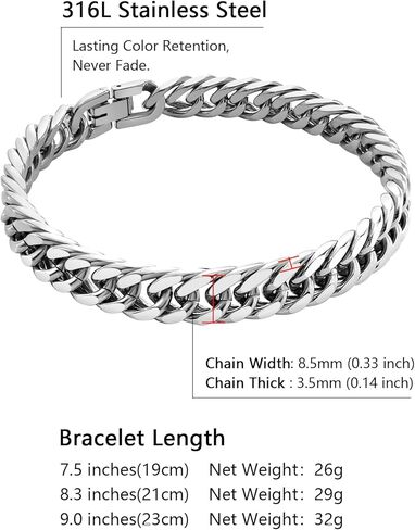 Cuban Chain Bracelet for Men Women, 5mm/7mm/9mm/13mm Width, Black/18K Gold Plated/Stainless Steel Curb Link Chain Bracelets, 7.5"/8.3"/9" Length-Send Gift Box in Kuwait