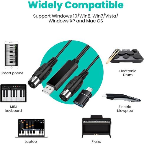 مجموعة كابل TNP MIDI إلى USB مع محول من النوع C 2 في 1 سلك USB MIDI Piano من الكمبيوتر الشخصي إلى لوحة المفاتيح، جهاز المزج، الطبل الإلكتروني، أنبوب النفخ الكهربائي، 16 قناة لنظام التشغيل Windows وMac وAndroid (6 أقدام) in Saudi Arabia
