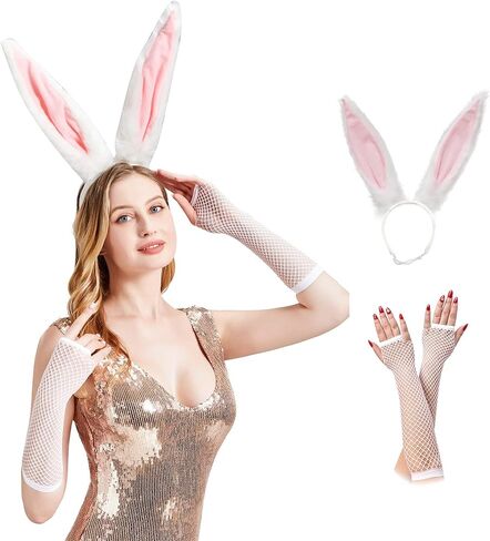 Kikazarru Bunny Ears Headband Bunny Costume Accessories Fishnet Gloves And Rabbit Ears Headband in Saudi Arabia