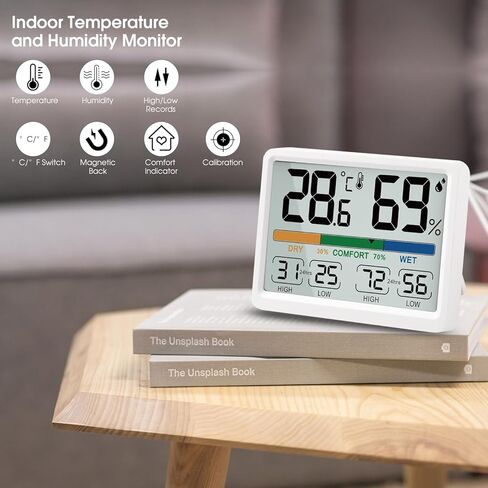 AIMILAR ميزان حرارة داخلي للغرفة مقياس الرطوبة الرقمي درجة الحرارة والرطوبة مقياس مغناطيسي مع تاريخ منخفض مرتفع in Kuwait
