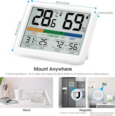 AIMILAR ميزان حرارة داخلي للغرفة مقياس الرطوبة الرقمي درجة الحرارة والرطوبة مقياس مغناطيسي مع تاريخ منخفض مرتفع in Kuwait