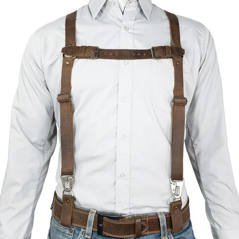 Hide & Groom, Y Back Suspenders with Adjustable Size Straps for Men, Wedding, Heavy Duty, Steampunk Harness, Full Grain Leather, Handmade Accessories, Bourbon Brown in Saudi Arabia