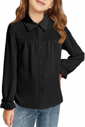 Haloumoning Girls Long Sleeve Button Down Shirts Cute Tops Collared Smocked Ruffle Blouse for Kids 5-14 Years in Saudi Arabia