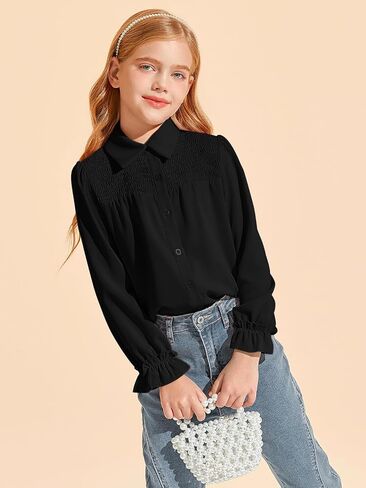 Haloumoning Girls Long Sleeve Button Down Shirts Cute Tops Collared Smocked Ruffle Blouse for Kids 5-14 Years in Saudi Arabia