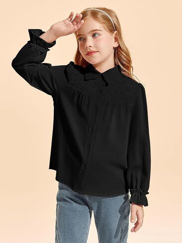 Haloumoning Girls Long Sleeve Button Down Shirts Cute Tops Collared Smocked Ruffle Blouse for Kids 5-14 Years in Saudi Arabia