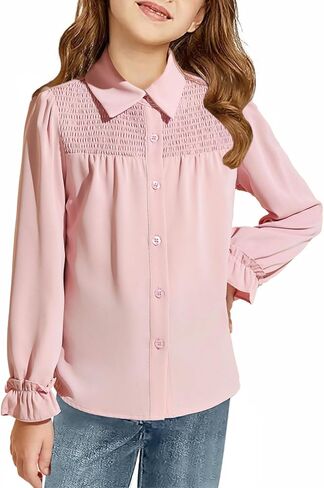 Haloumoning Girls Long Sleeve Button Down Shirts Cute Tops Collared Smocked Ruffle Blouse for Kids 5-14 Years in Saudi Arabia