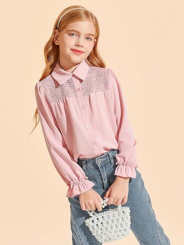 Haloumoning Girls Long Sleeve Button Down Shirts Cute Tops Collared Smocked Ruffle Blouse for Kids 5-14 Years in Saudi Arabia