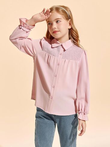 Haloumoning Girls Long Sleeve Button Down Shirts Cute Tops Collared Smocked Ruffle Blouse for Kids 5-14 Years in Saudi Arabia