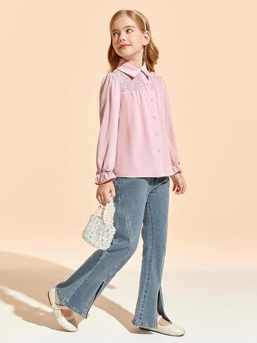Haloumoning Girls Long Sleeve Button Down Shirts Cute Tops Collared Smocked Ruffle Blouse for Kids 5-14 Years in Saudi Arabia