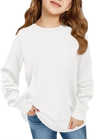 Haloumoning Girls Oversized Long Sleeve Shirts Kids Fashion Crewneck Tunic Tops Curved Hem Tees 7-14 Years in Saudi Arabia