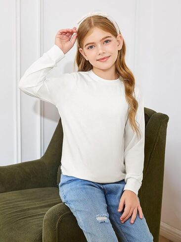 Haloumoning Girls Oversized Long Sleeve Shirts Kids Fashion Crewneck Tunic Tops Curved Hem Tees 7-14 Years in Saudi Arabia