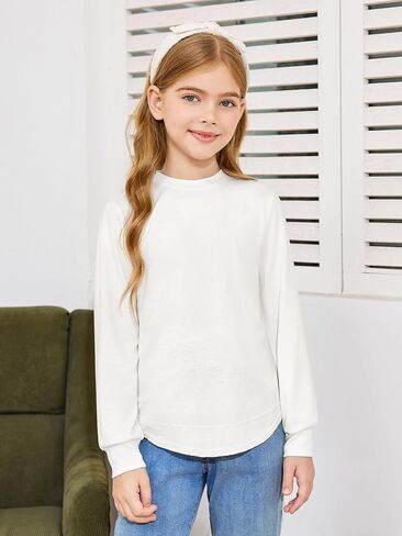 Haloumoning Girls Oversized Long Sleeve Shirts Kids Fashion Crewneck Tunic Tops Curved Hem Tees 7-14 Years in Saudi Arabia