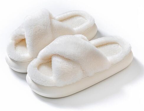 شباشب منزلية منفوشة للسيدات ذات شريط متقاطع، نعل سميك مريح مفتوح عند الأصابع من إسفنج الذاكرة غير قابل للانزلاق للنساء في الأماكن المغلقة والخارجية in Kuwait