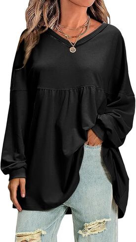 قمصان نسائية للخريف بأكمام طويلة من EXLURA برقبة على شكل V ملابس علوية غير رسمية للحمل بلوفر بيبي دول فضفاض بلوزات تونيك أنيقة ملابس 2024 in Kuwait