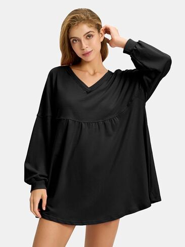 قمصان نسائية للخريف بأكمام طويلة من EXLURA برقبة على شكل V ملابس علوية غير رسمية للحمل بلوفر بيبي دول فضفاض بلوزات تونيك أنيقة ملابس 2024 in Kuwait