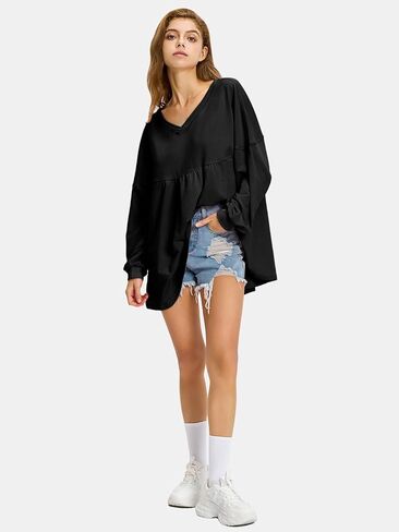 قمصان نسائية للخريف بأكمام طويلة من EXLURA برقبة على شكل V ملابس علوية غير رسمية للحمل بلوفر بيبي دول فضفاض بلوزات تونيك أنيقة ملابس 2024 in Kuwait