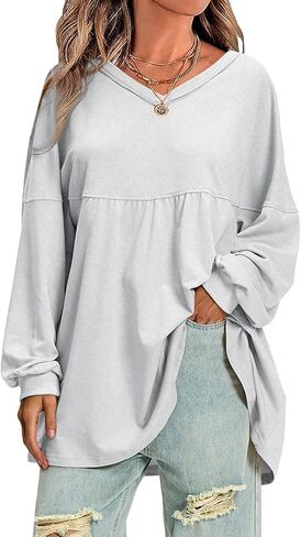 EXLURA Womens Fall Long Sleeve Shirts V Neck Casual Maternity Tops Loose Babydoll Pullover Dressy Tunic Blouses Outfits 2024 in Saudi Arabia