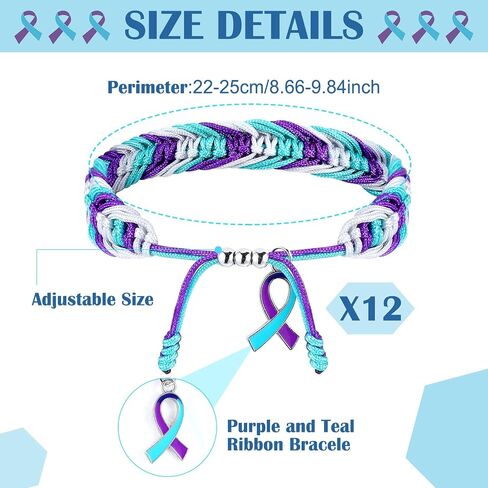 12 Sets Suicide Prevention Awareness Bracelet with Warning Card Sets Handmade Adjustable Wrist Wrap Teal and Purple Prevention Awareness Gift Protection String for Events and Fundraising in Saudi Arabia