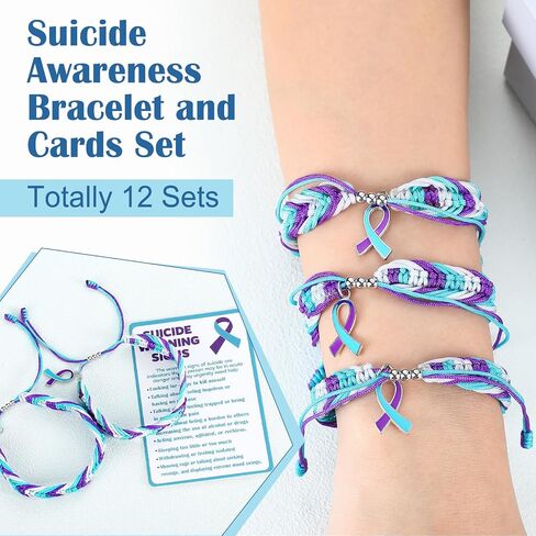 12 Sets Suicide Prevention Awareness Bracelet with Warning Card Sets Handmade Adjustable Wrist Wrap Teal and Purple Prevention Awareness Gift Protection String for Events and Fundraising in Saudi Arabia