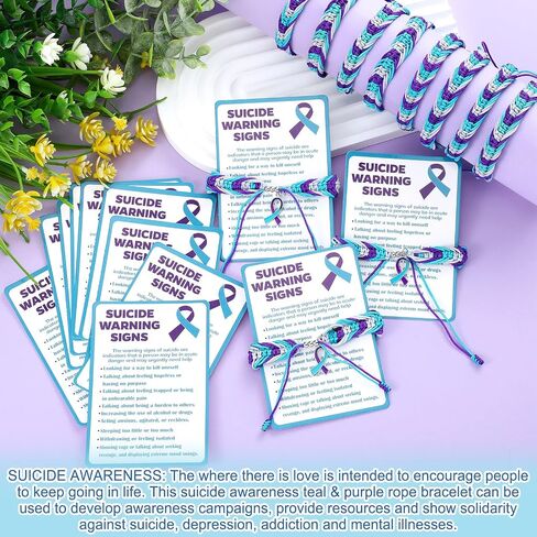 12 Sets Suicide Prevention Awareness Bracelet with Warning Card Sets Handmade Adjustable Wrist Wrap Teal and Purple Prevention Awareness Gift Protection String for Events and Fundraising in Saudi Arabia